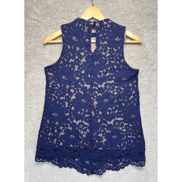 Rose + Olive Navy Blue Lace Crochet Mock Neck‎ Sleeveless Lined Top Women's M - Picture 2 of 14